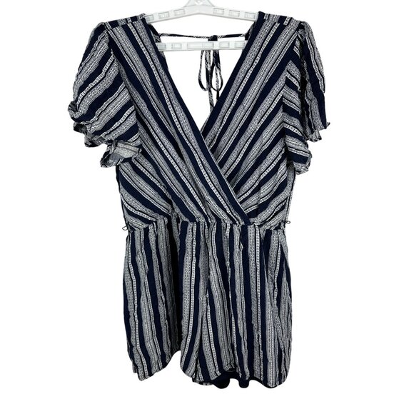 Three Pink Hearts Womens Navy & White Striped Romper Size L 100% Rayon - Picture 1 of 6